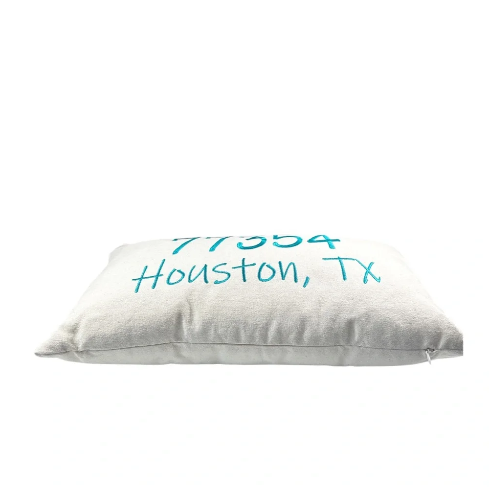 NEW Zip Code 77354 HOUSTON, TX Cream Pillow with Teal Embroidery